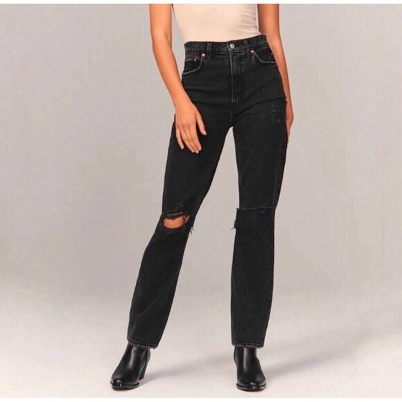 Abercrombie & Fitch Denim - Abercrombie & Fitch Jeans 28/6L Black 90s Straight Ultra High Rise Distressed